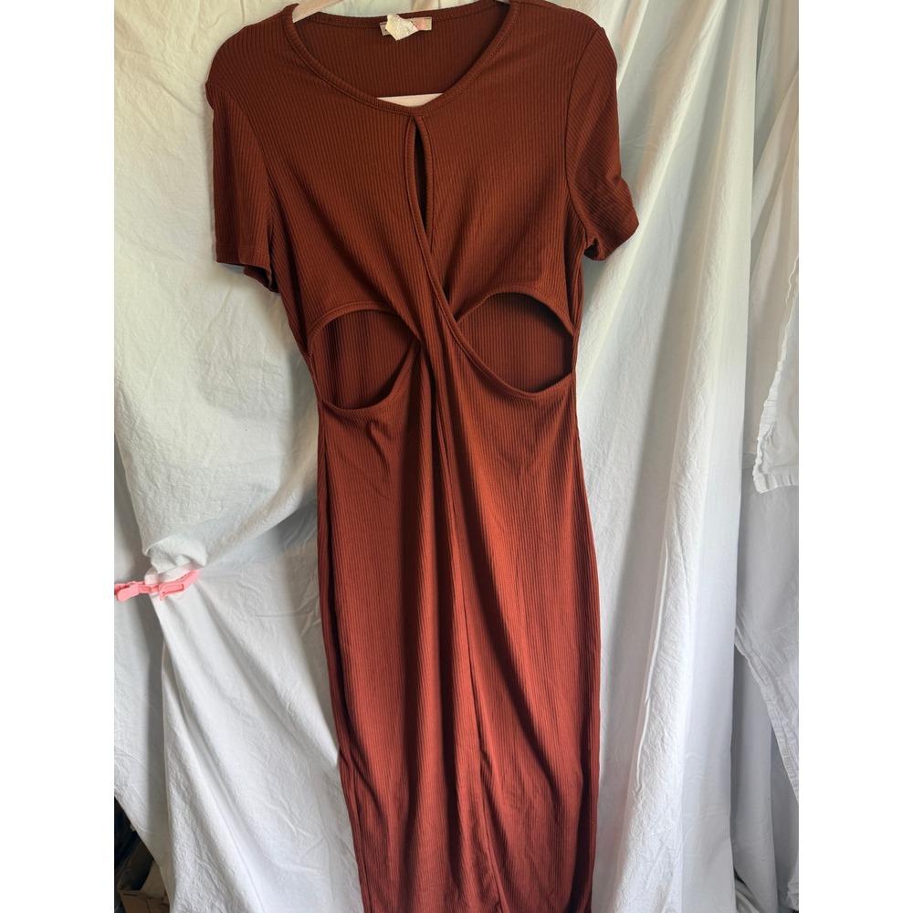 Love Squared Rust Brown Ribbed Cut Out Twist Front Midi Dress XL Short Sleeve